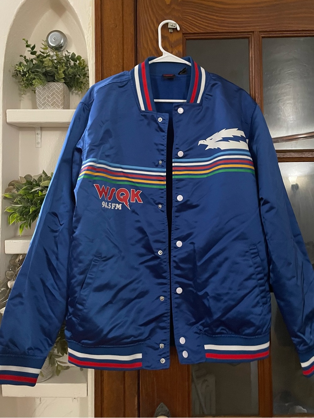 Netflix Stranger Things Blue WQK 94.5FM Retro Bomber Jacket with Rainbow Stripes